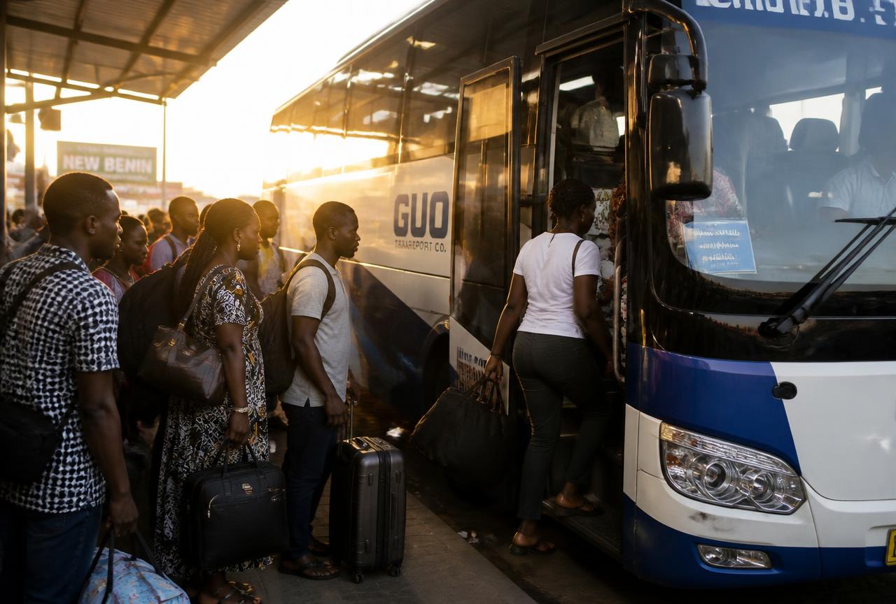 Travellers boarding an intercity coach at a Nigerian terminal